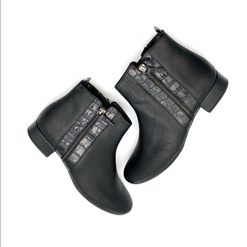 NWB GABOR Comfort Black Leather Ankle Boots Low Heel Back Zip US 8H Wide Fit